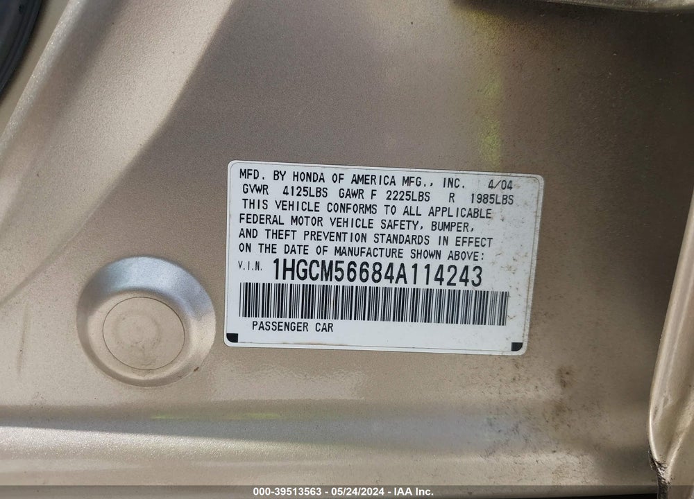 2004 HONDA ACCORD 2.4 EX VIN: 1HGCM56684A114243