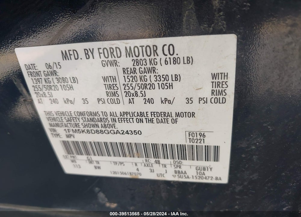 2016 FORD EXPLORER XLT VIN: 1FM5K8D88GGA24350