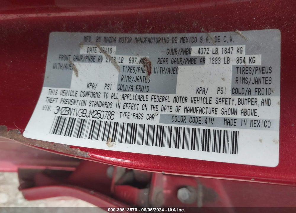 2018 MAZDA 3 TOURING VIN: 3MZBN1V39JM250786