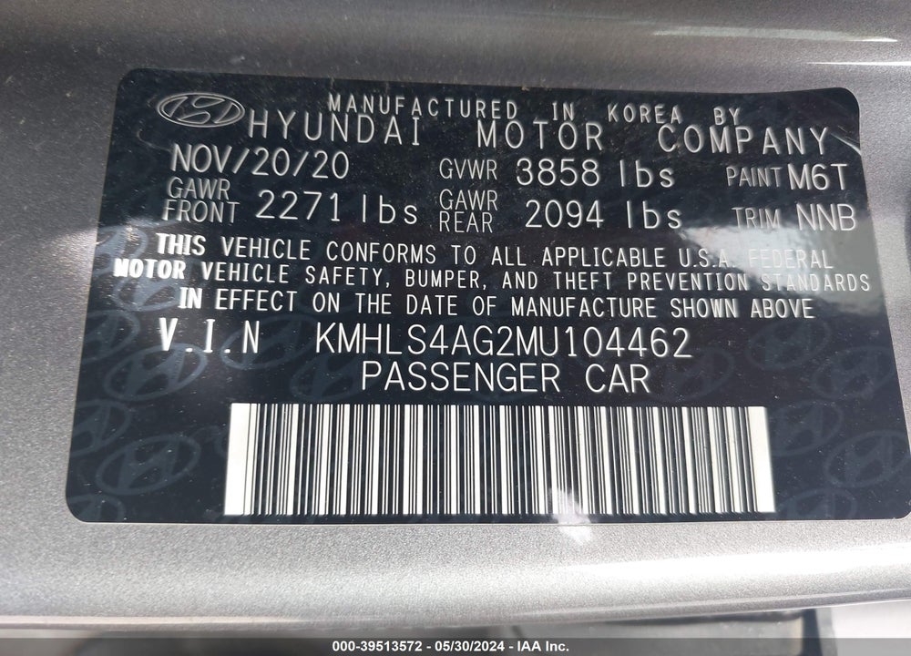 2021 HYUNDAI ELANTRA SEL VIN: KMHLS4AG2MU104462