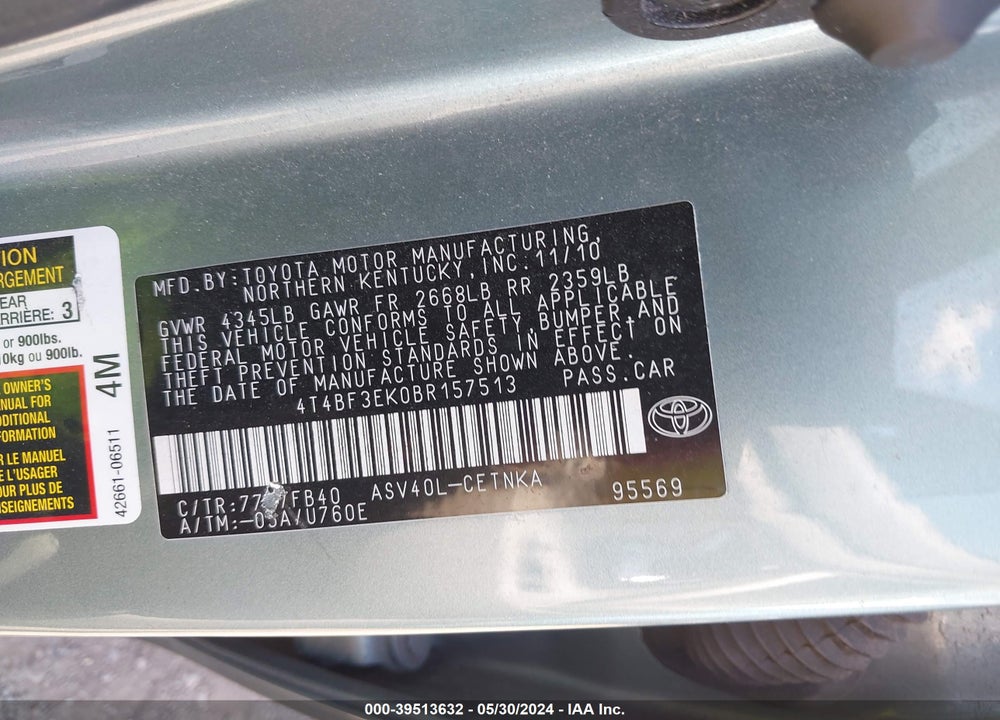 2011 TOYOTA CAMRY LE VIN: 4T4BF3EK0BR157513
