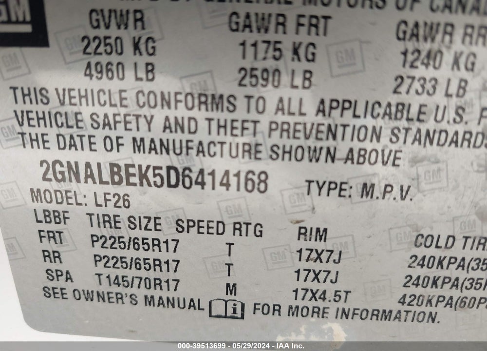 2013 CHEVROLET EQUINOX LS VIN: 2GNALBEK5D6414168