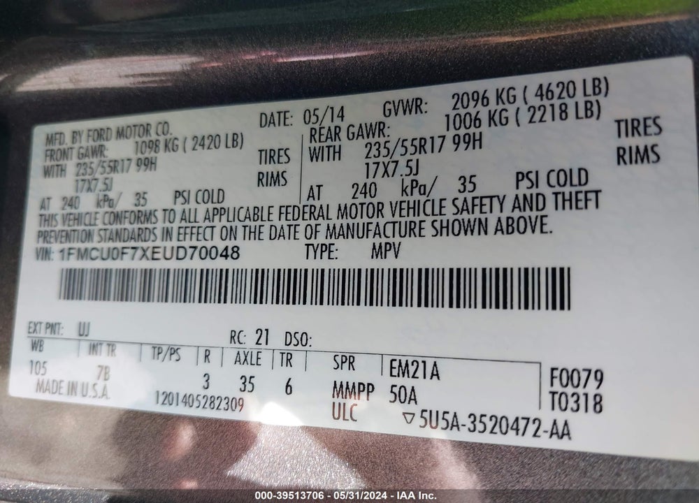 2014 FORD ESCAPE S VIN: 1FMCU0F7XEUD70048