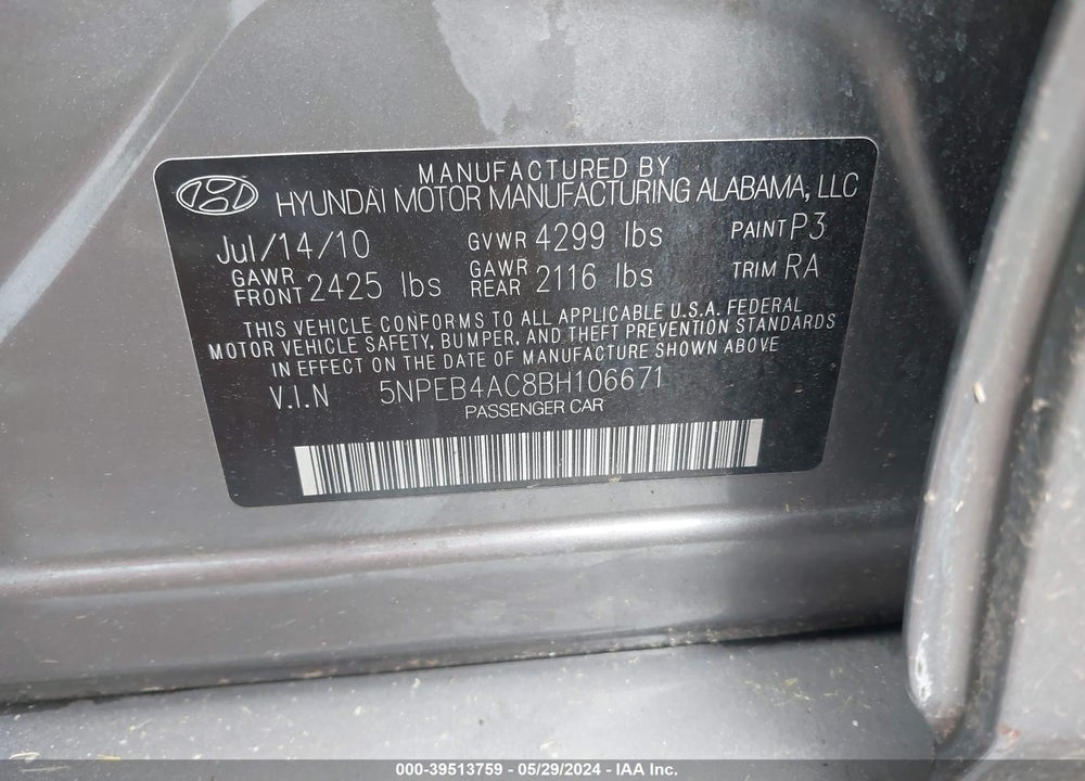 2011 HYUNDAI SONATA GLS VIN: 5NPEB4AC8BH106671