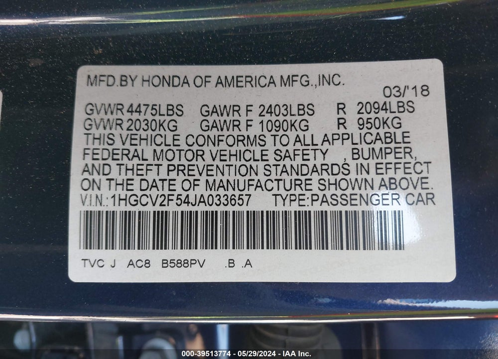 2018 HONDA ACCORD EX-L 2.0T VIN: 1HGCV2F54JA033657