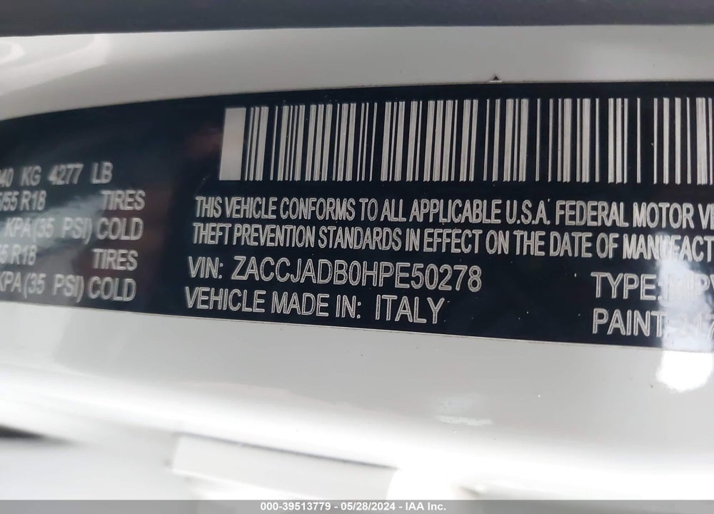2017 JEEP RENEGADE LIMITED FWD VIN: ZACCJADB0HPE50278