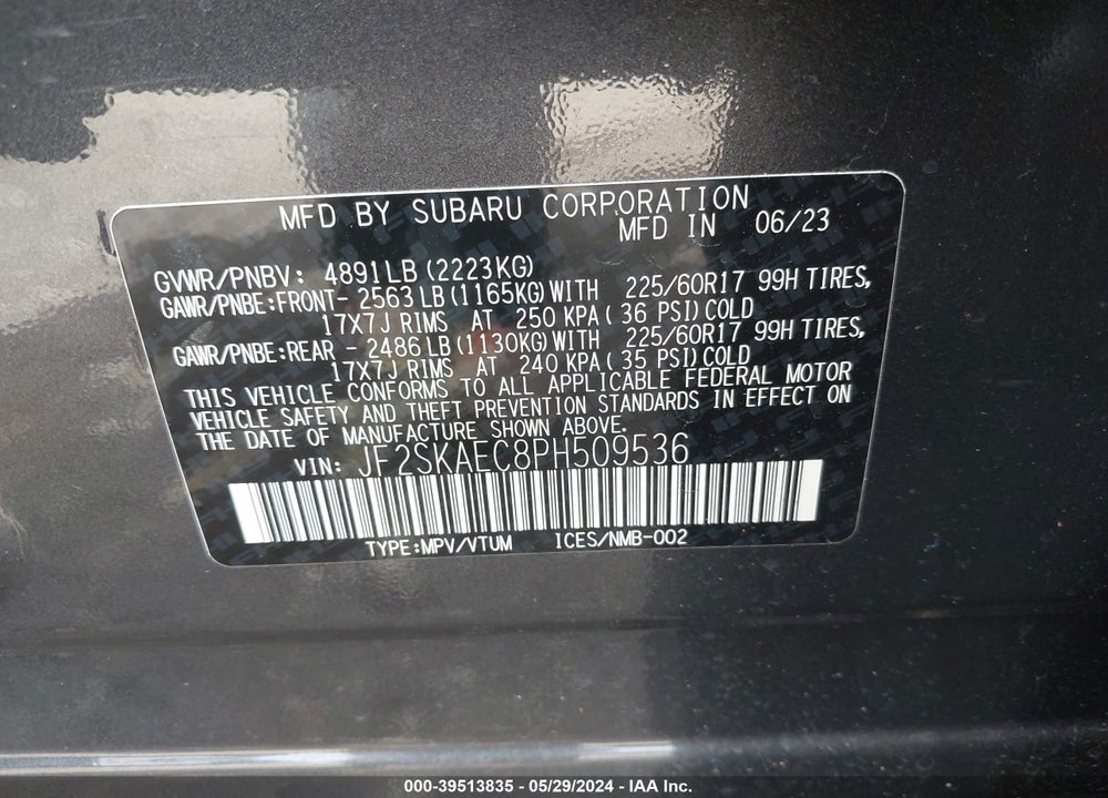 2023 SUBARU FORESTER PREMIUM VIN: JF2SKAEC8PH509536