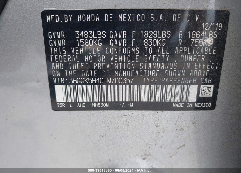 2020 HONDA FIT LX VIN: 3HGGK5H40LM700357