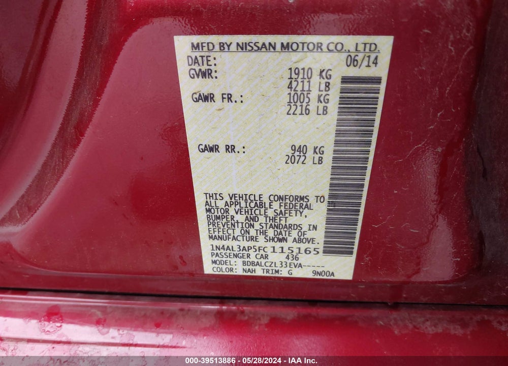 2015 NISSAN ALTIMA 2.5/2.5 S/2.5 SL/2.5 SV VIN: 1N4AL3AP5FC115165