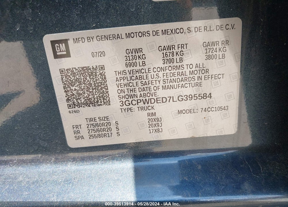 2020 CHEVROLET SILVERADO 1500 2WD SHORT BED RST VIN: 3GCPWDED7LG395584