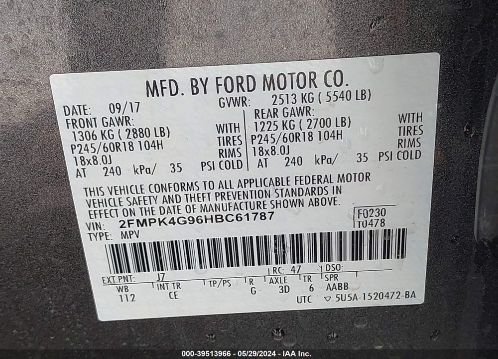 2017 FORD EDGE SE VIN: 2FMPK4G96HBC61787