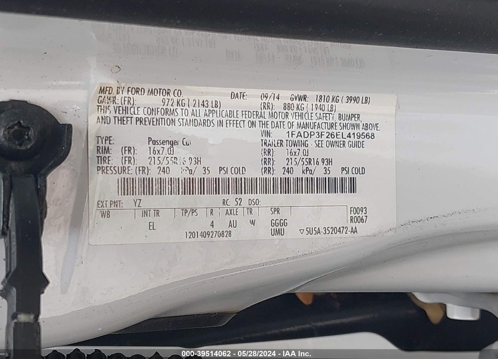 2014 FORD FOCUS SE VIN: 1FADP3F26EL419568