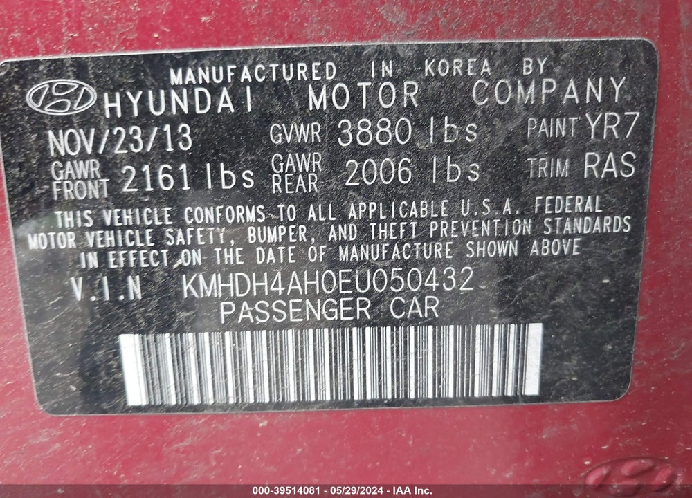 2014 HYUNDAI ELANTRA SPORT VIN: KMHDH4AH0EU050432