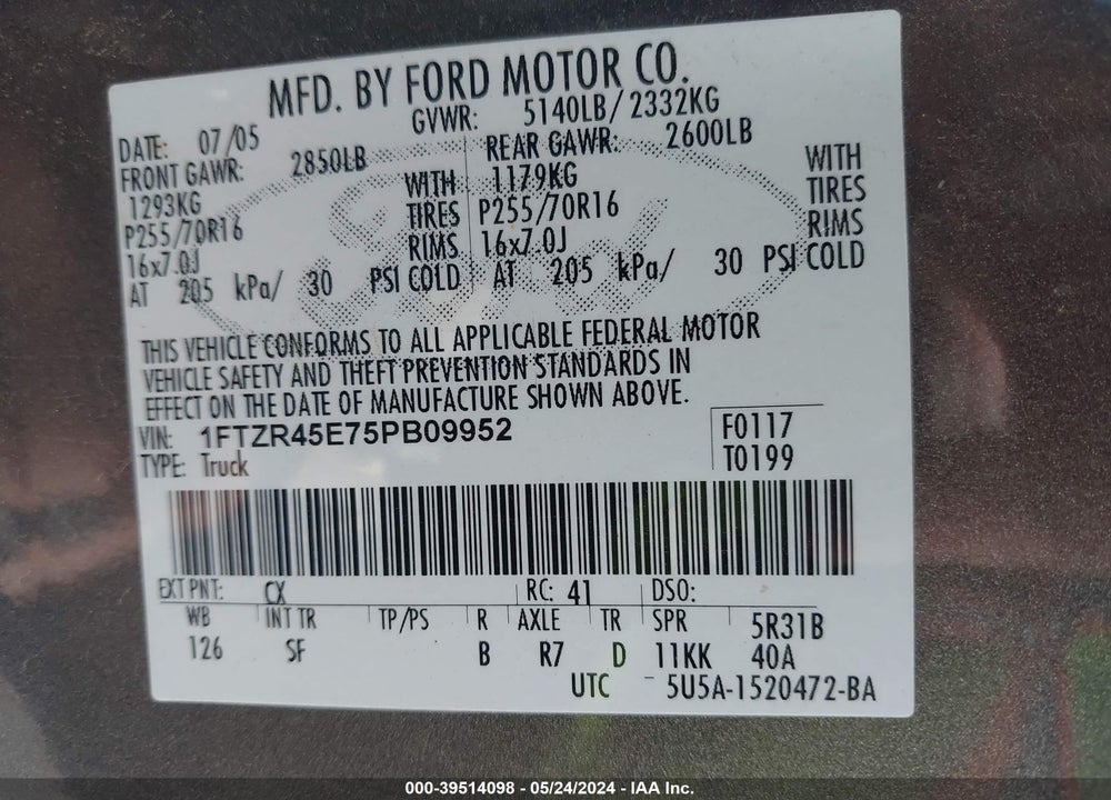2005 FORD RANGER EDGE/FX4 LEVEL II/FX4 OFF-ROAD/XLT VIN: 1FTZR45E75PB09952