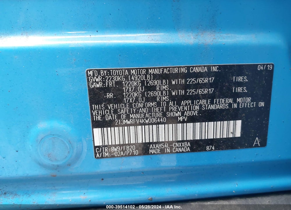 2019 TOYOTA RAV4 HYBRID LE VIN: 2T3MWRFV4KW006440