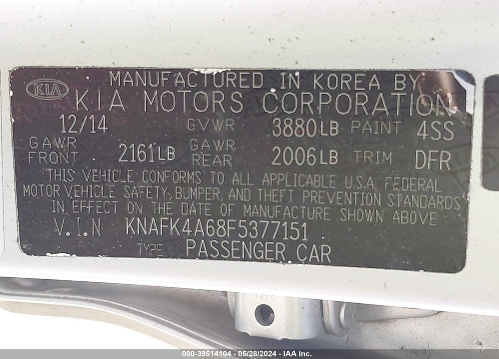 2015 KIA FORTE LX VIN: KNAFK4A68F5377151