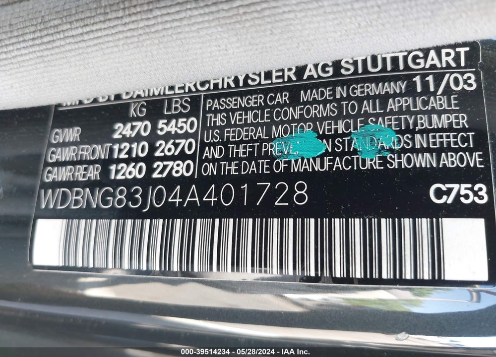 2004 MERCEDES-BENZ S 430 4MATIC VIN: WDBNG83J04A401728