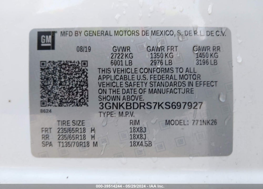 2019 CHEVROLET BLAZER VIN: 3GNKBDRS7KS697927