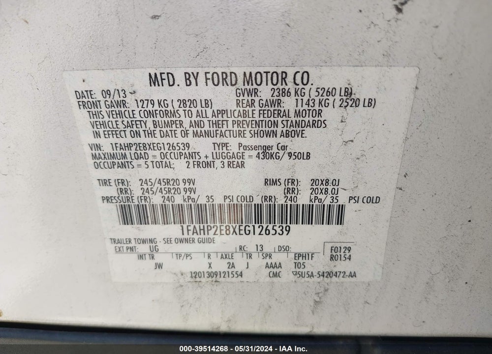 2014 FORD TAURUS VIN: 1FAHP2E8XEG126539