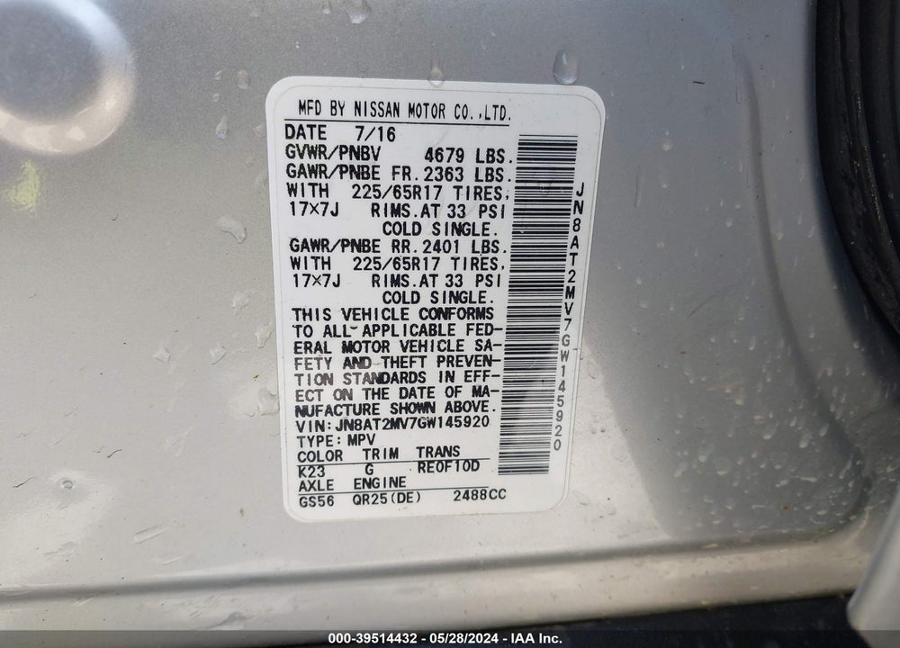 2016 NISSAN ROGUE S VIN: JN8AT2MV7GW145920