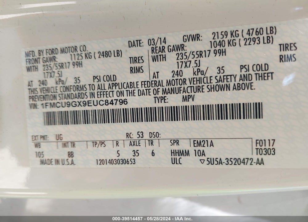 2014 FORD ESCAPE SE VIN: 1FMCU9GX9EUC84796