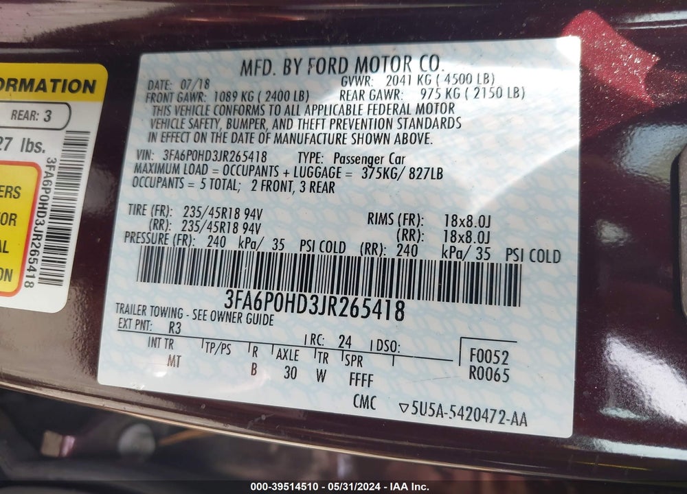 2018 FORD FUSION SE VIN: 3FA6P0HD3JR265418