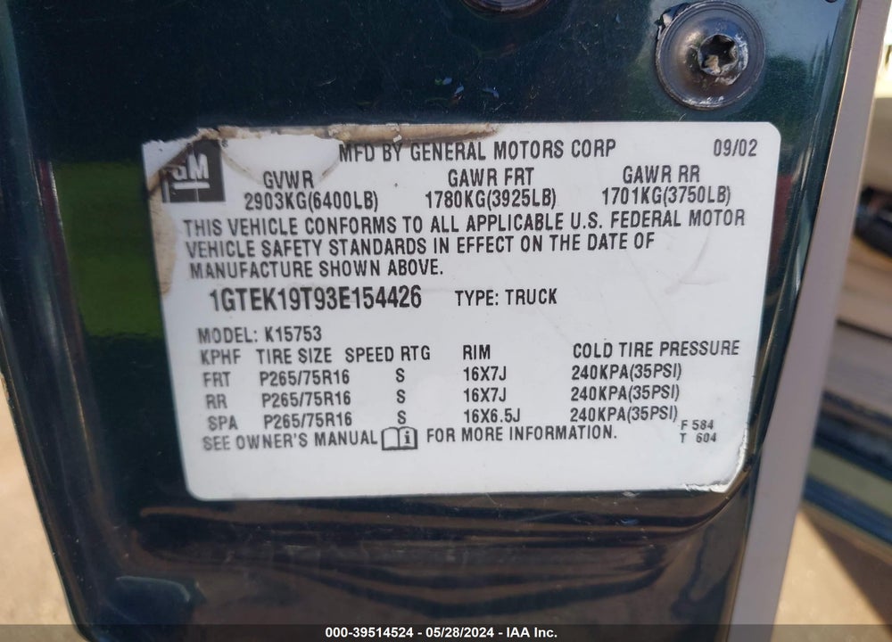2003 GMC SIERRA 1500 SLE VIN: 1GTEK19T93E154426