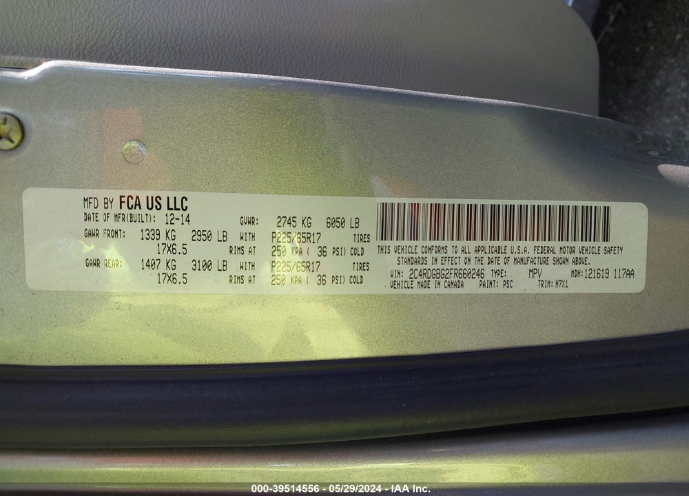 2015 DODGE GRAND CARAVAN SE VIN: 2C4RDGBG2FR660246