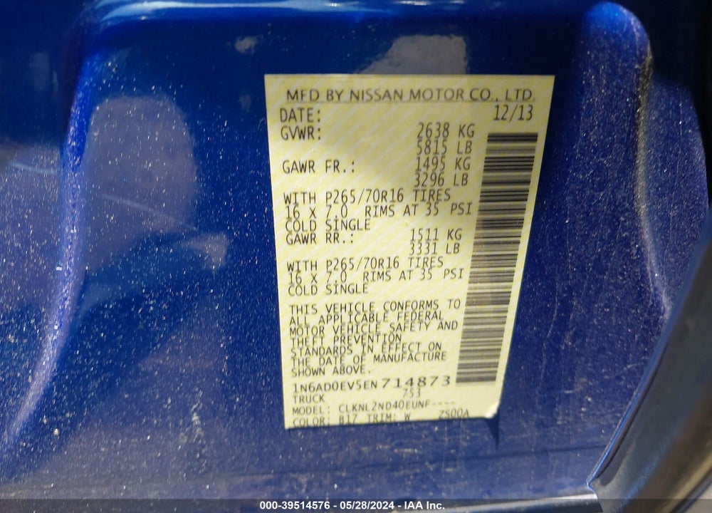 2014 NISSAN FRONTIER SV VIN: 1N6AD0EV5EN714873