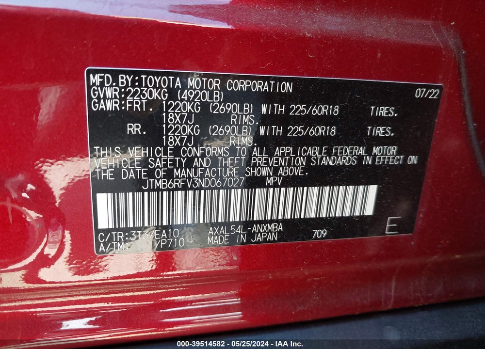 2022 TOYOTA RAV4 XLE PREMIUM HYBRID VIN: JTMB6RFV3ND067027