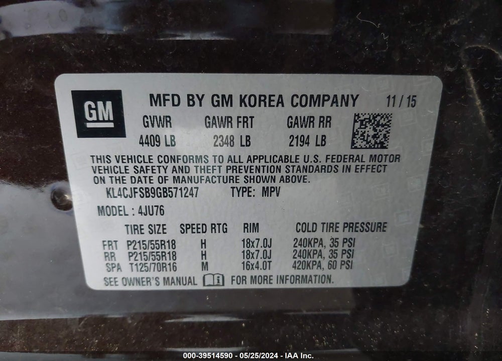 2016 BUICK ENCORE CONVENIENCE VIN: KL4CJFSB9GB571247