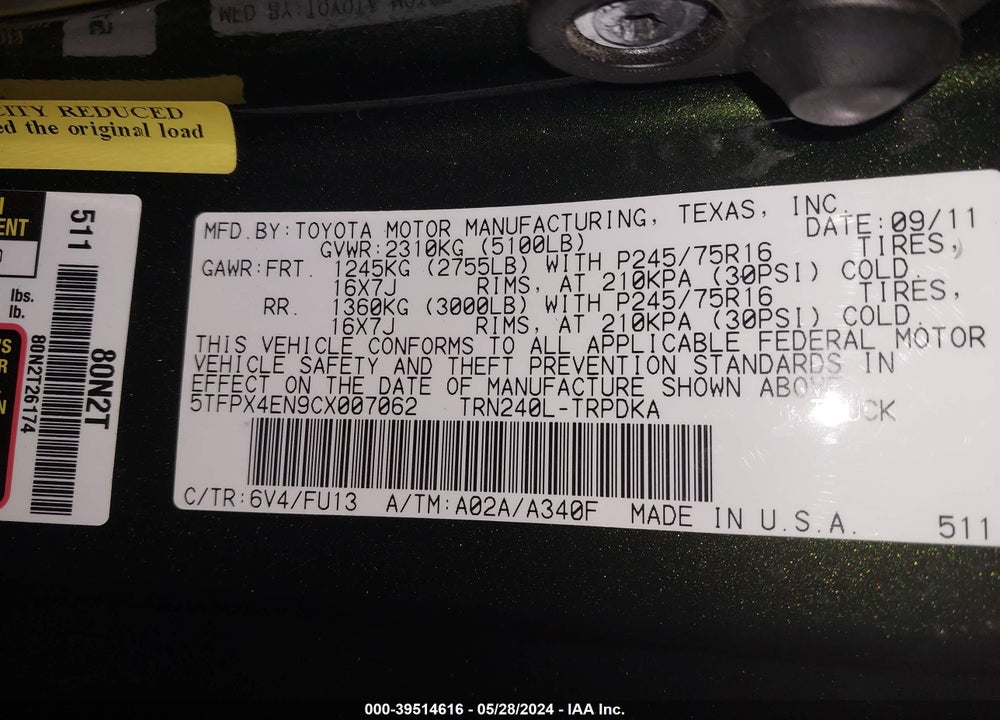 2012 TOYOTA TACOMA VIN: 5TFPX4EN9CX007062