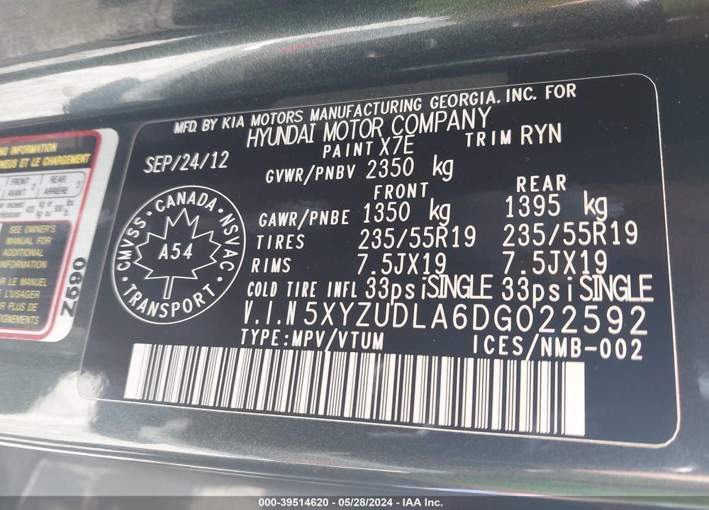 2013 HYUNDAI SANTA FE SPORT 2.0T SE VIN: 5XYZUDLA6DG022592