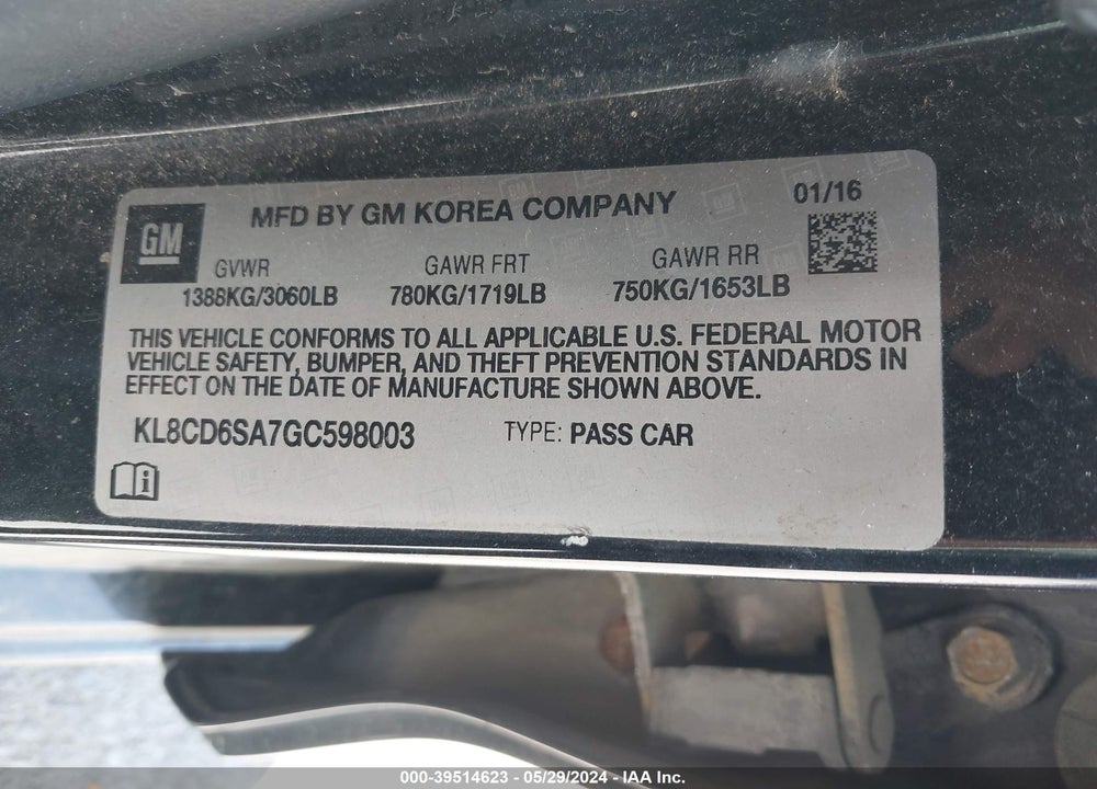 2016 CHEVROLET SPARK 1LT CVT VIN: KL8CD6SA7GC598003