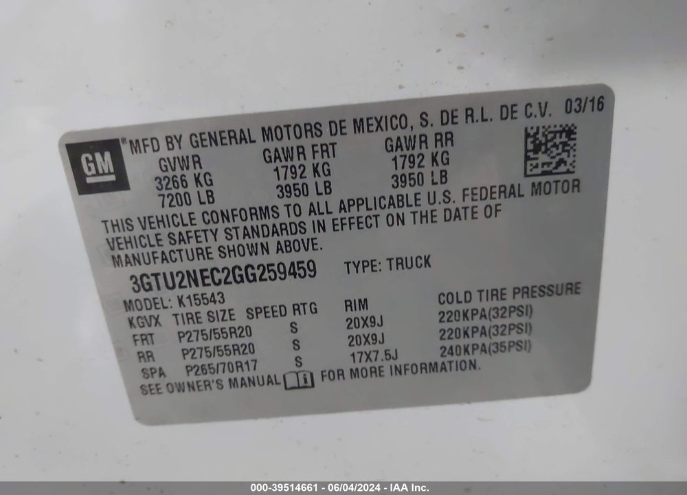 2016 GMC SIERRA 1500 SLT VIN: 3GTU2NEC2GG259459