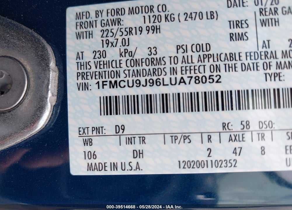2020 FORD ESCAPE TITANIUM VIN: 1FMCU9J96LUA78052