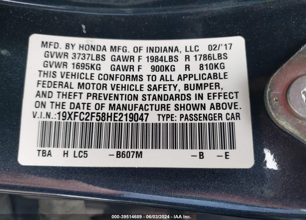 2017 HONDA CIVIC LX VIN: 19XFC2F58HE219047