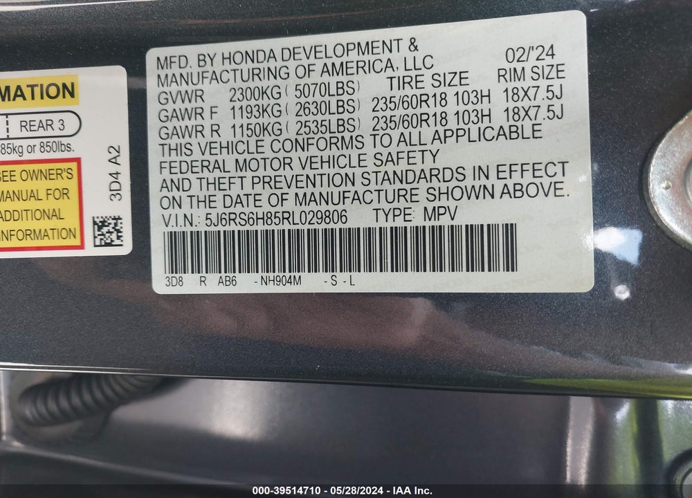 2024 HONDA CR-V HYBRID SPORT-L VIN: 5J6RS6H85RL029806