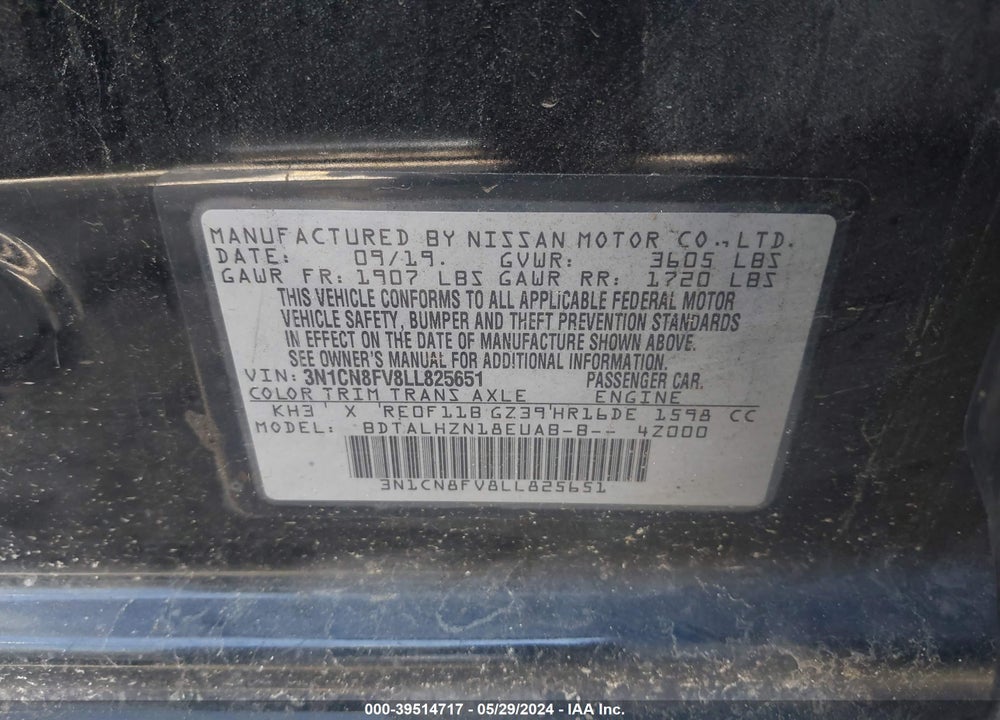2020 NISSAN VERSA SR XTRONIC CVT VIN: 3N1CN8FV8LL825651