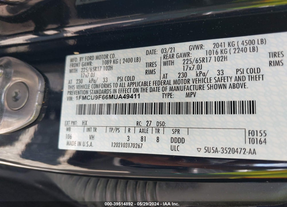 2021 FORD ESCAPE S VIN: 1FMCU9F66MUA49411
