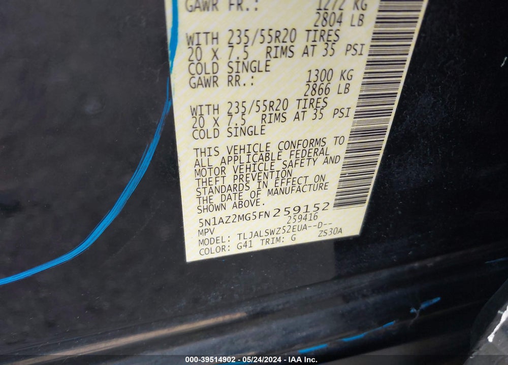 2015 NISSAN MURANO PLATINUM VIN: 5N1AZ2MG5FN259152