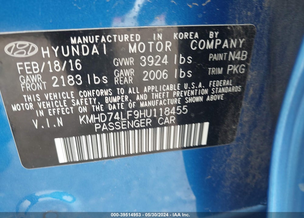 2017 HYUNDAI ELANTRA SE VIN: KMHD74LF9HU118455