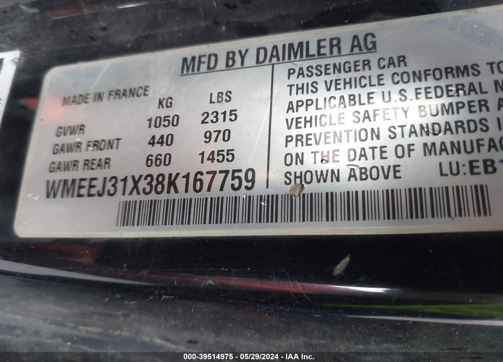 2008 SMART FORTWO PASSION/PURE VIN: WMEEJ31X38K167759