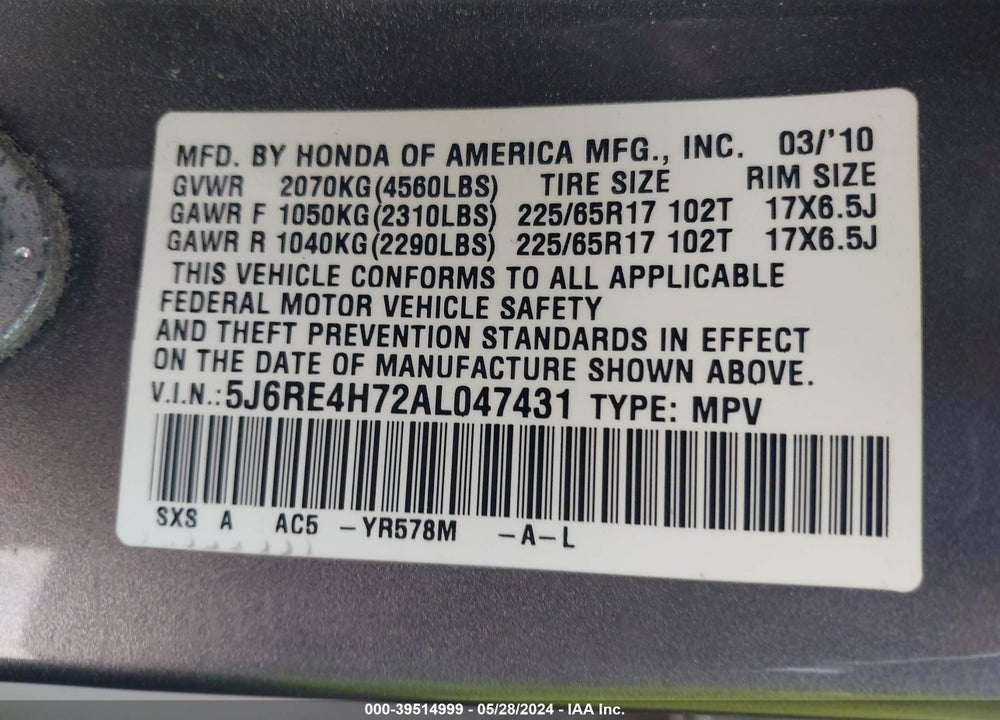 2010 HONDA CR-V EX-L VIN: 5J6RE4H72AL047431