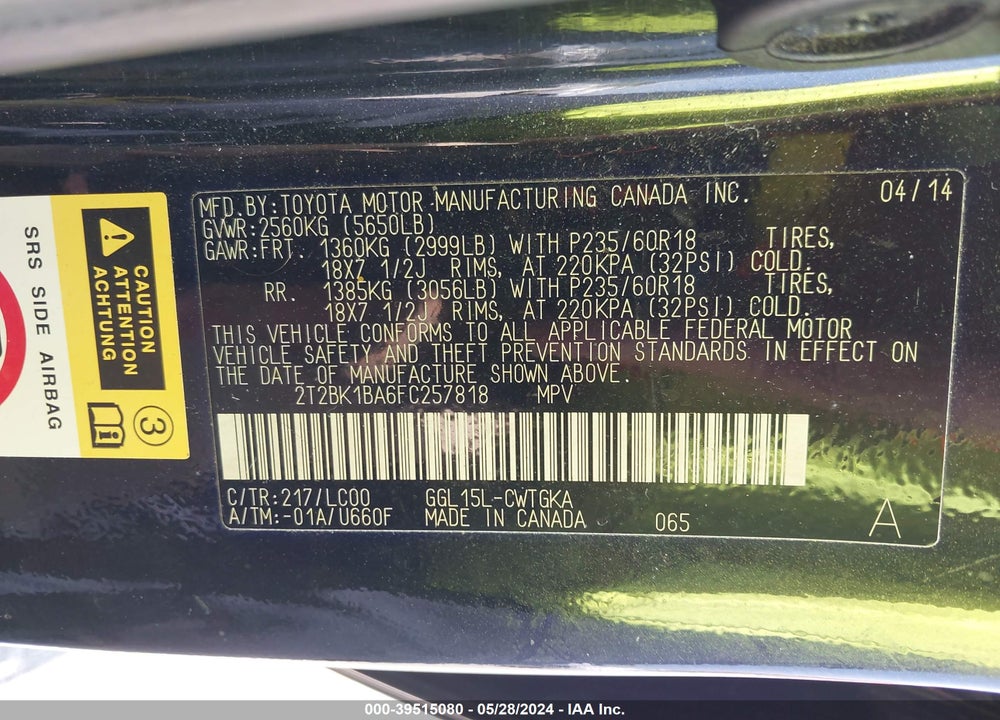 2015 LEXUS RX 350 VIN: 2T2BK1BA6FC257818