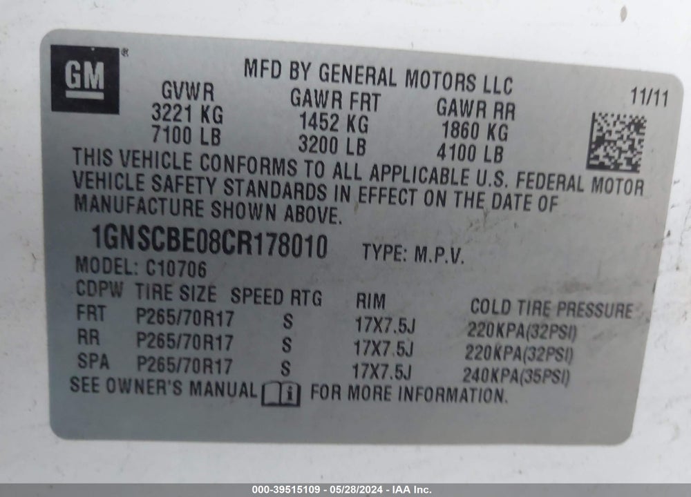 2012 CHEVROLET TAHOE LT VIN: 1GNSCBE08CR178010