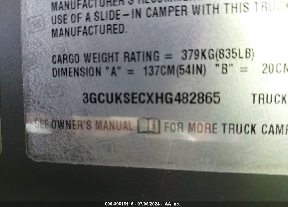 2017 CHEVROLET SILVERADO 1500 2LZ VIN: 3GCUKSECXHG482865