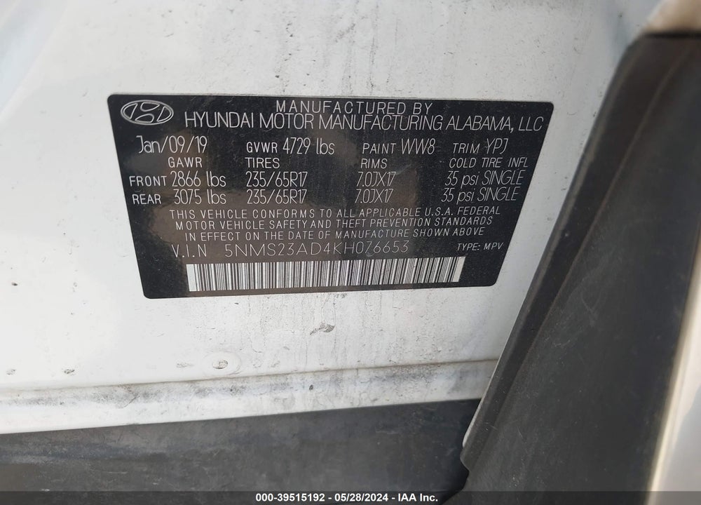 2019 HYUNDAI SANTA FE SE VIN: 5NMS23AD4KH076653