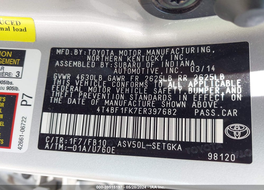 2014 TOYOTA CAMRY XLE VIN: 4T4BF1FK7ER397682