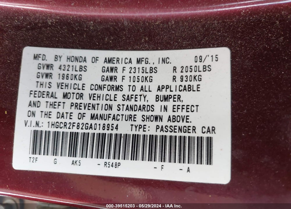 2016 HONDA ACCORD EX-L VIN: 1HGCR2F82GA018954